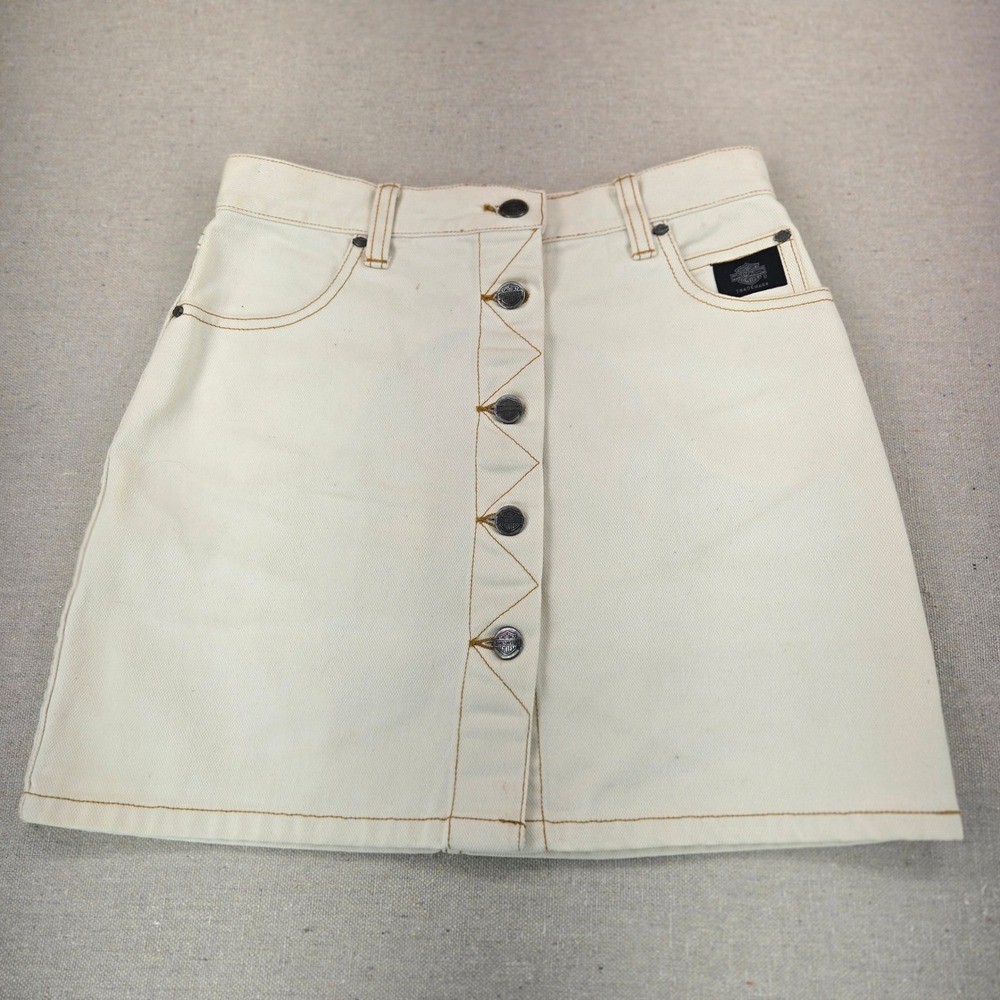 Vintage Harley Davidson Cream Denim Button Front Mini Skirt Size 2 Y2K FLAW